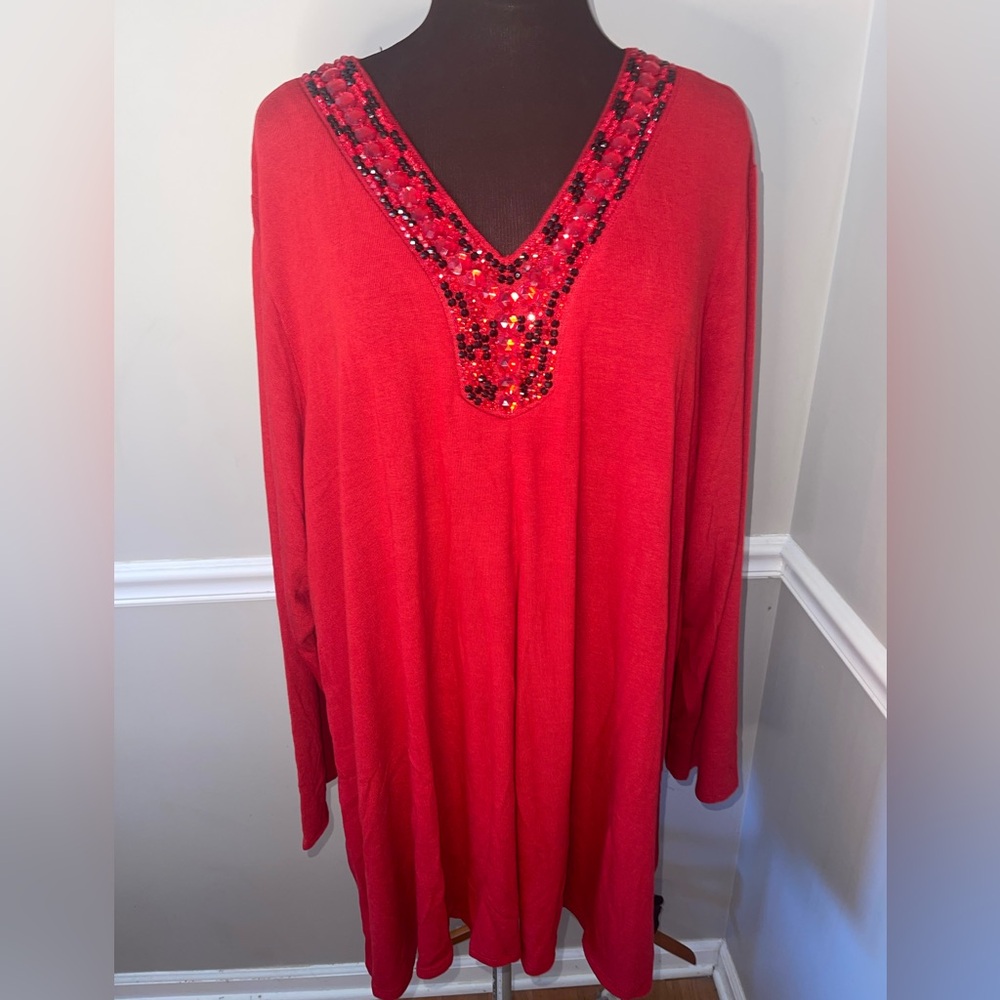Avenue Womens Plus Size 4X 30/32 Red Beaded V Neck Sweater NWT